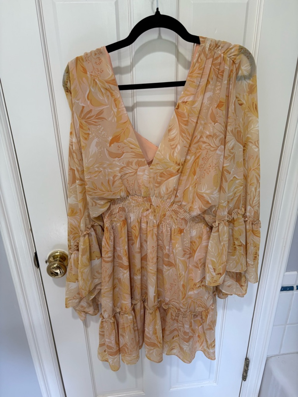 Vici Floral V-Neck Ruffle Mini Dress in Soft Peach